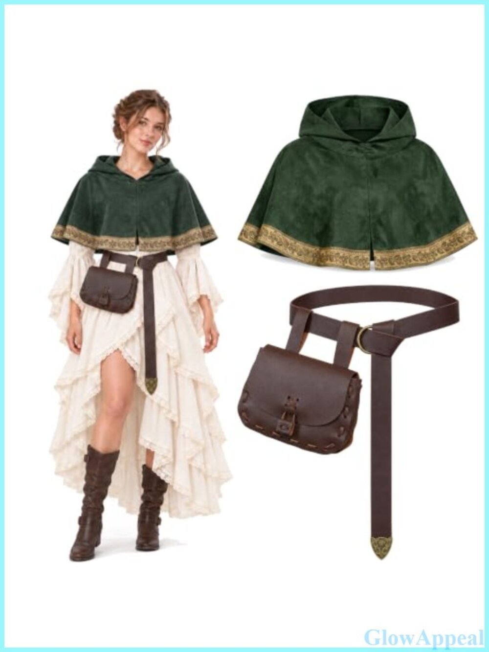 Faux Leather Renaissance Belt Pouch Medieval Waist Belt Hooded Cloak Set